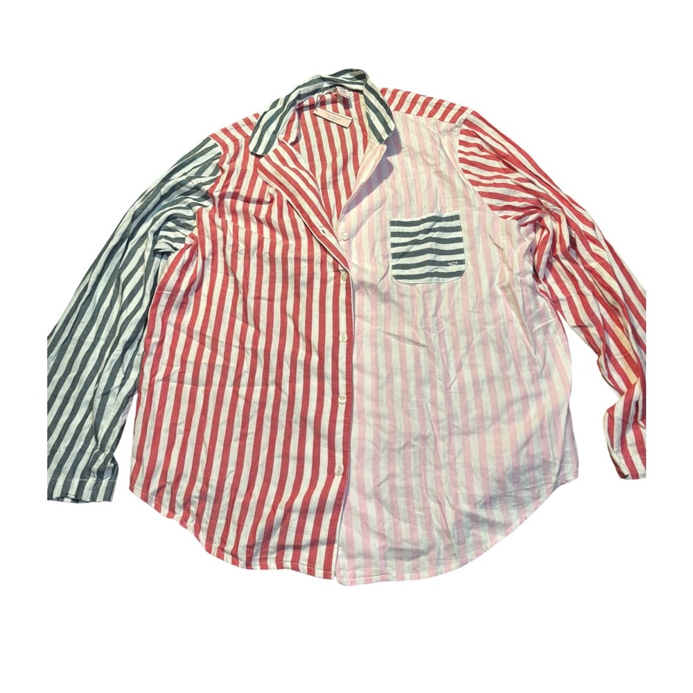 Victoria's Secret‎ Mixed Stripe Pajama Top Red Pink XL Long NWT lounge oversized